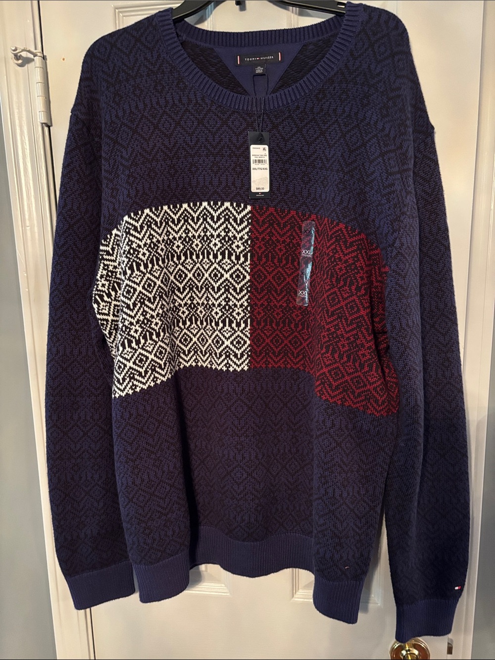 Tommy Hilfiger Navy Patterned Crewneck Sweater w Red & White Flag Logo Panel NWT